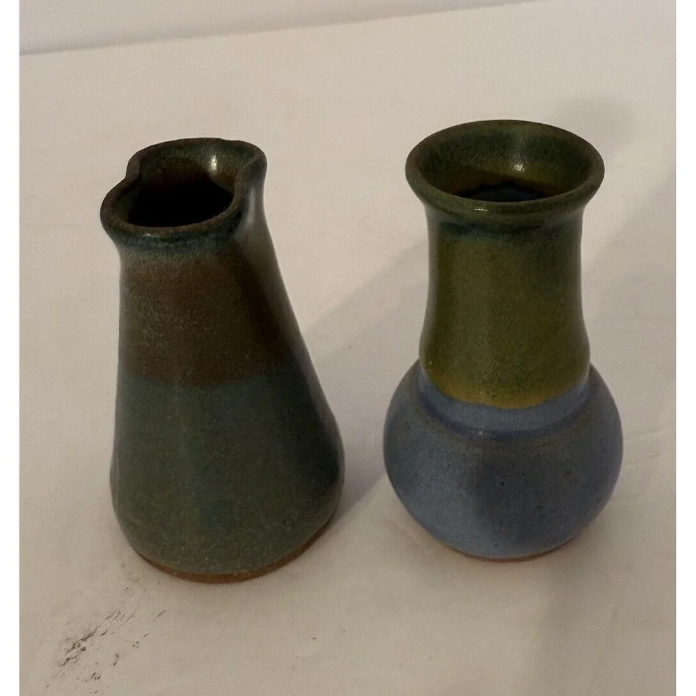 Small Studio Art Pottery Bud Vase Lot of 2 Blue Green & Brown-Signed-Approx.3